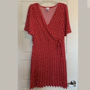 P.O.S.H. Red polka dot pleated faux wrap dress, L